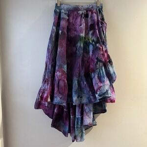 Kocca Collection Boho Tie Dye Striped High Low Ruffle Tiered Skirt Purple XS